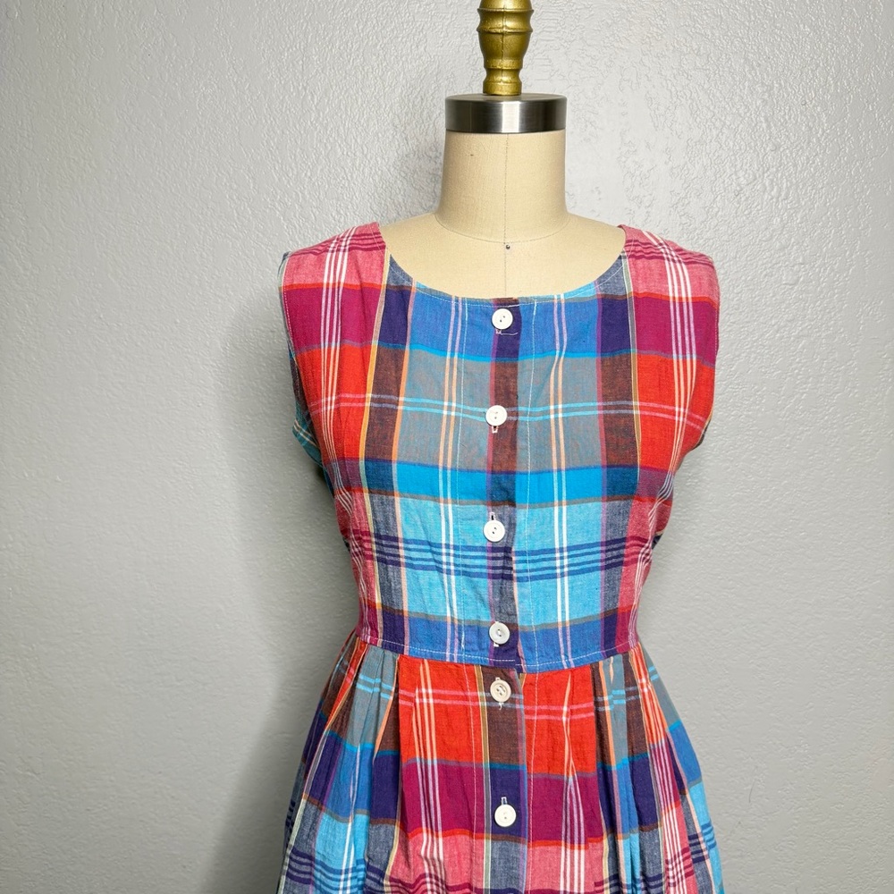Vintage 60s handmade Plaid Sleeveless Dress Sz M - Picture 3 of 5